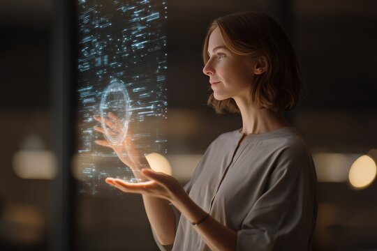 Businesswoman reviewing holographic task lists optimized by agentic artificial intelligence highlighting efficiency and empowerment. Human AI collaboration and intelligent productivity technology.