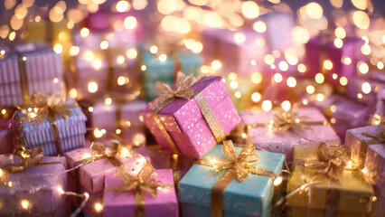 Many Gift Boxes That Have Been Wrapped In Gold And Pink Ribbon On A Table With Christmas Lights In The Background