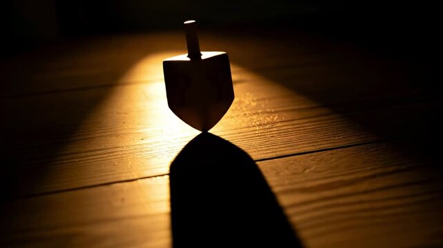 An Artistic Representation of a Wooden Dreidel Spinning Against a Backlit Background, Casting Intriguing Shadows on a Rustic Wooden Surface