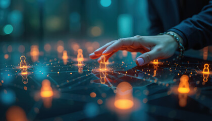 Hand touches glowing digital people icons. Network connections illuminate a dark futuristic interface. Data flows connect human figures, representing relationships or systems.