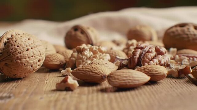 Assorted nuts on wooden table; natural healthy snack, autumn harvest, culinary recipe, food blog background