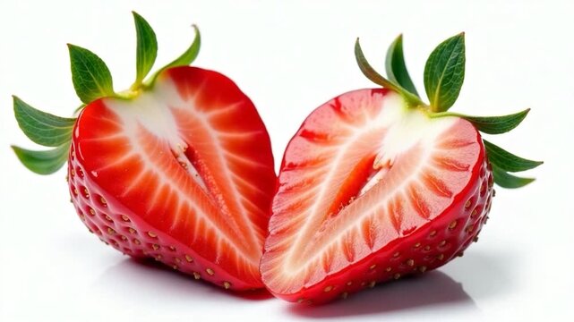 Two fresh strawberries sliced in half on a clean white background, perfect for food styling or still life 
