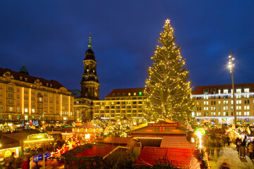 Panoramic view of the Striezelmarkt Christmas market in Dresden, Germany