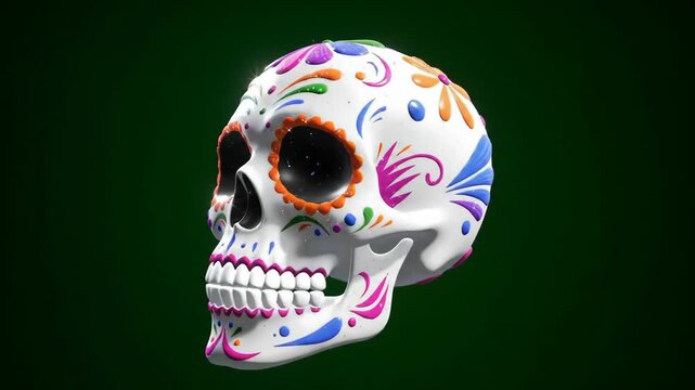 Colorful decorated skull side view on green background, for Day of the Dead/Halloween
