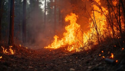 Wild forest fire spreads fast. Orange flames consume dry plants and trees. Smoke rises in the air. Danger in nature. Intense heat and destruction.