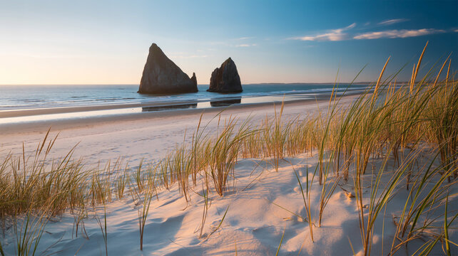 Two rock formations rise from the ocean near a sandy beach at sunset