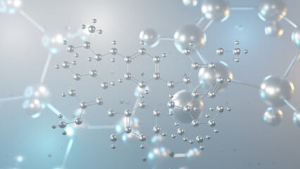 tubocurarine molecular structure, 3d model molecule, benzylisoquinoline alkaloid structural chemical formula view from a microscope