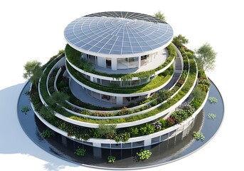 3d rendering of a circular building with layered green terraces isolated on white background