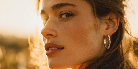 Portrait of a Beautiful Woman with Hoop Earrings in Golden Light.