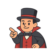 Smiling vampire man pointing finger. Dracula character in red and black costume.
