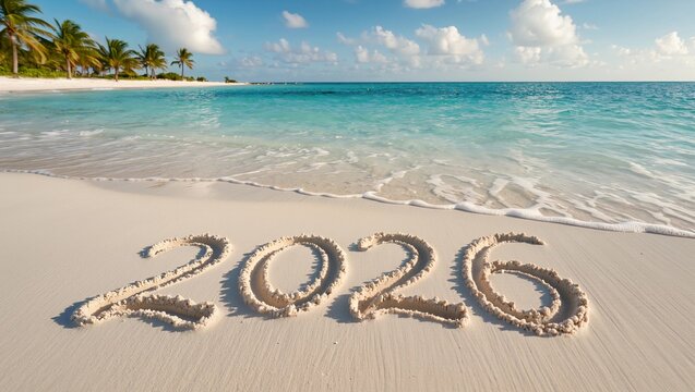 2026 Year drawn in the white sand of an idyllic tropical beach with turquoise ocean waves and palm trees. new beginning and travel concept.