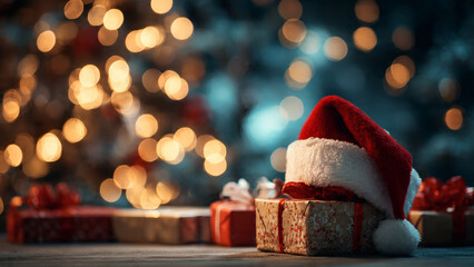 A Santa Hat Sitting On Top Of A Pile Of Presents Next To A Christmas Tree With Lights In The Background
