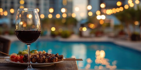 Elegant poolside dining with wine and grilled skewers at dusk.