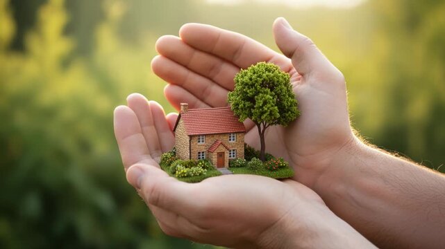 Tiny model house with tree cradled in human hands outdoors in soft golden light. Concept of real estate, home safety, green living, and property investment security