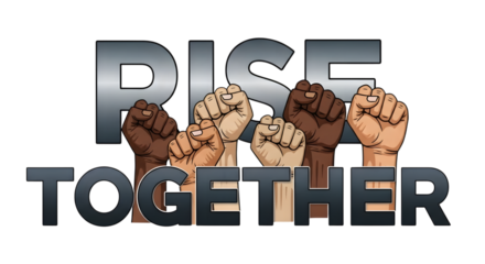 Diverse hands raised in solidarity with rise together text isolated on transparent background