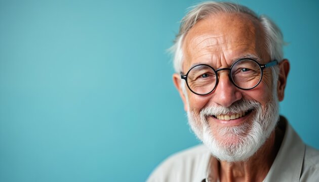 Elderly man with white beard and glasses smiles happily. Senior citizen with cheerful expression, grey hair, relaxed mood. Represents wisdom, age, and joy. - Powered by Adobe