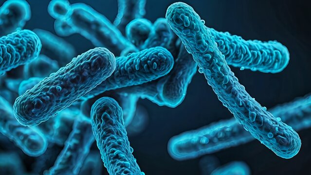 Microscopic 3D Rendering of Rod-Shaped Bacteria (Bacillus) in Blue Light