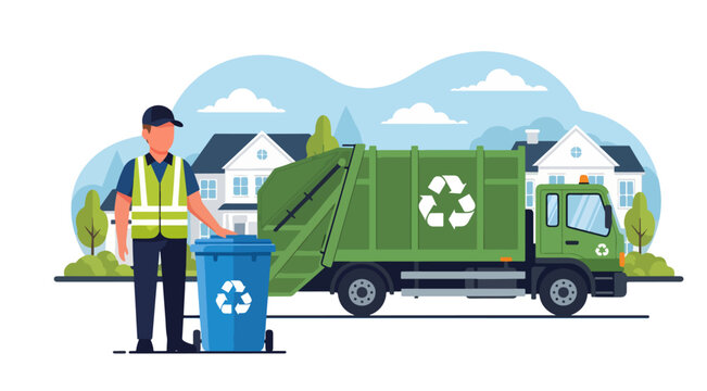 A sanitation worker in a reflective vest stands with a blue recycle bin, ready for collection by the green garbage truck parked in a suburban neighborhood