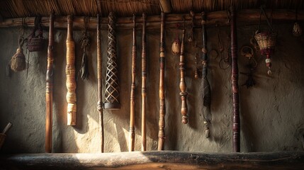 blowpipes. Traditional blowpipes displayed on a rustic hut wall in dim light. event programs, museum guides, designed for cultural heritage projects and event programs, elevates cultural identity.