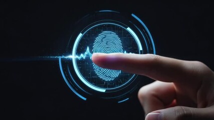 Finger scans biometric data on digital screen to unlock device, representing security and technology in a modern, futuristic theme. - Powered by Adobe