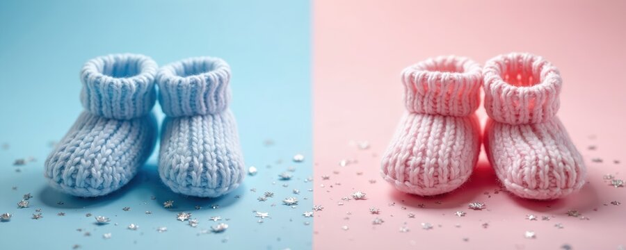 Pair of knitted baby booties, blue, pink sides. Waiting for newborn childs gender reveal party. Choosing nursery room colors. Anticipating new family member arrival soon. Joyful preparation for baby.