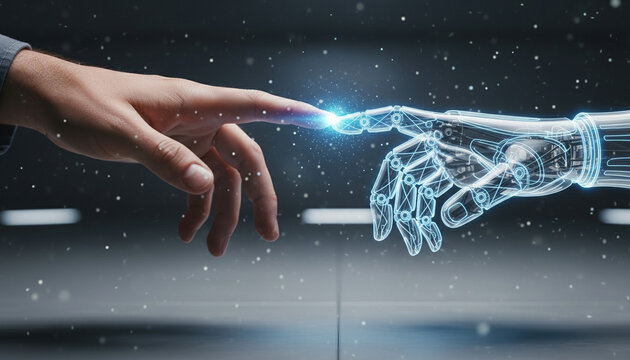 A human hand reaches out to touch a transparent holographic robotic hand, glowing with blue neon light. Soft particles float in the air, set in a minimalistic futuristic room, symbolizing the