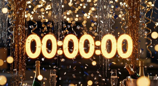 New Year countdown concept with glowing LED numbers and sparkling decorations jpeg image.