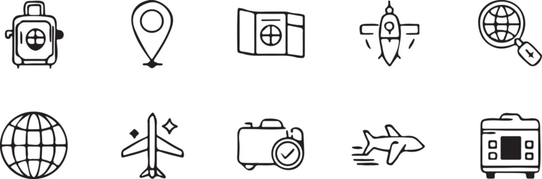 Travel Icons: A collection of travel-related icons, each meticulously crafted to represent key aspects of journey and exploration, beckoning viewers to embark on adventures.