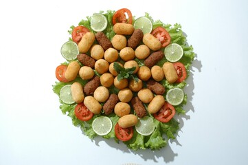 Flat lay of a Brazilian appetizer platter with fried snacks, lettuce, tomato, and lime. Perfect for food blogs, menus, or party planning content.