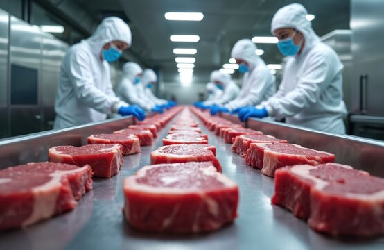 Meat production workers in white protective suits, blue masks inspect raw steaks on stainless steel conveyor belt in clean factory environment. Workers focused on quality control. Raw meat cuts