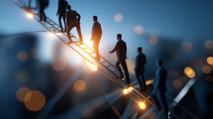 Abstract business team visualization on platforms with ladder connections blurred artistic background structure symbolism onboarding representation collaboration network