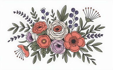Detailed Hand Drawn Floral Arrangement With Berries