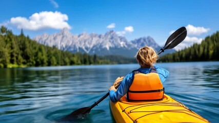 Person kayaking on a serene mountain lake under a clear blue sky