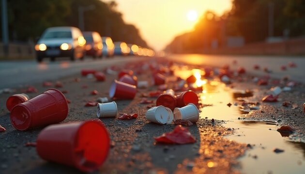 Scattered red and white plastic cups on city highway. Cars drive by with headlights on. Sunset in background. Rubbish littered on roadside. Dirty road with trash. Urban pollution.