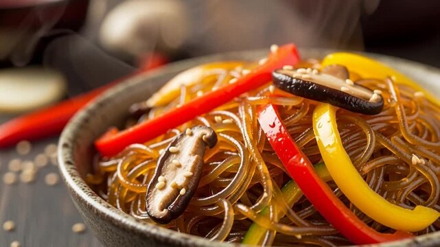 Delicious Korean Japchae with colorful bell peppers and savory mushrooms, a traditional Asian stir-fried glass noodle dish