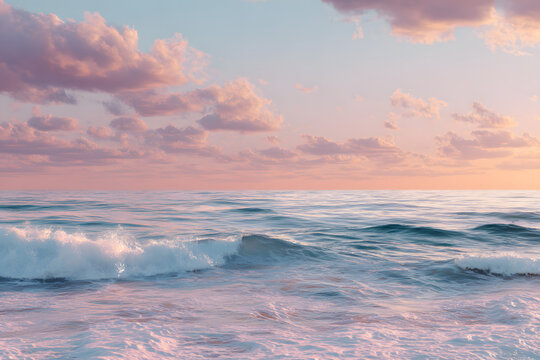 soft pastel dawn sky over calm ocean waves creating a meditative peaceful and gently uplifting morning atmosphere