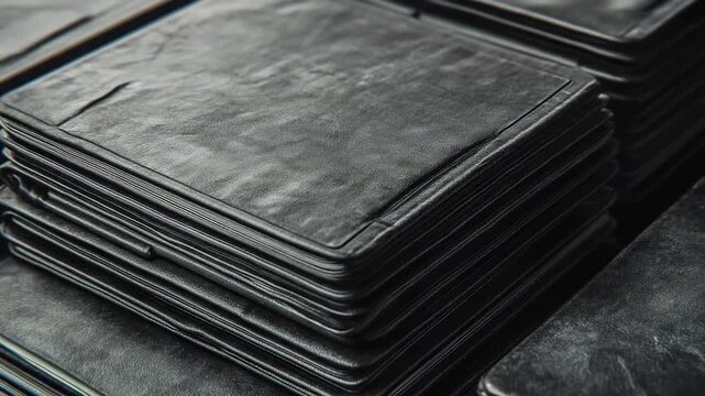 A pile of high-quality black leather wallets stacked on top of each other, perfect for use in financial or product 