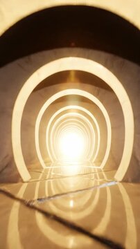 Endless hallway constructed of repeating smooth white marble arches and intersecting chrome paths dissolving into a blinding source of distant golden light distant golden light, success, shadow