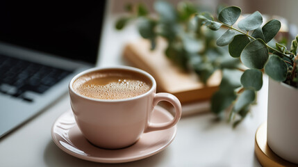 Residential workspace featuring laptop notebook and beverage soft minimalist surroundings plant decoration productivity arrangement remote work essentials clean desk aesthetic