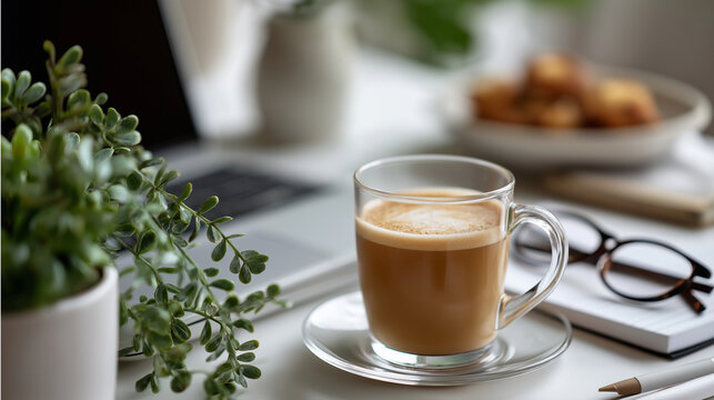 Residential workspace featuring laptop notebook and beverage soft minimalist surroundings plant decoration productivity arrangement remote work essentials clean desk aesthetic