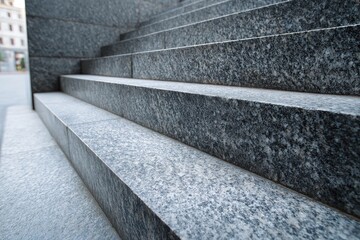 Granite staircase ascending from low angle view, with details of textured steps