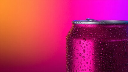 A fresh beverage can glistens with droplets of condensation, contrasting beautifully with a stunning gradient of orange and pink hues. This moment captures the essence of refreshment
