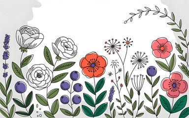 Hand Drawn Garden Flowers And Berries Border floral