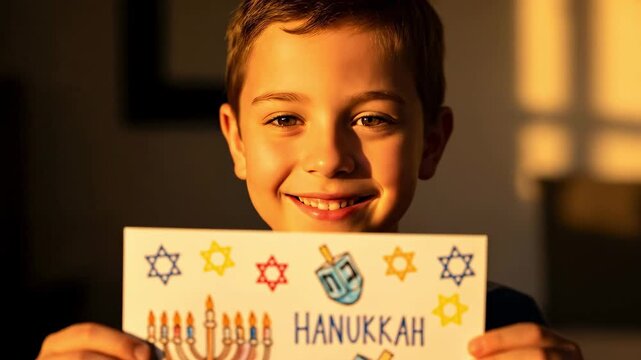 A joyful young boy, around 8 years old, smiles brightly while holding a colorful Hanukkah greeting card adorned with a menorah and symbols of the holiday, celebrating the festival of lights.