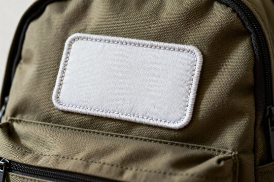 A close-up shot of a blank white rectangular fabric patch (mockup) sewn onto an olive green canvas backpack, perfect for adding a logo or text.