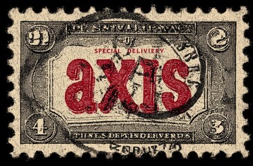 Vintage postage stamp featuring "axis" in bold lettering, with denominations at corners