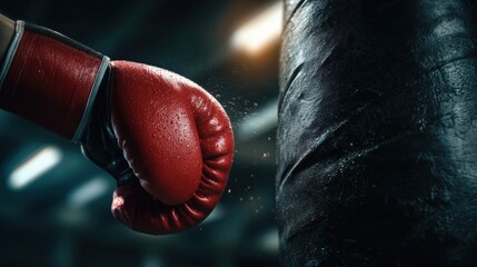 Powerful punch with red boxing glove hitting black punching bag during training