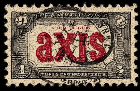 Vintage postage stamp featuring "axis" in bold lettering, with denominations at corners