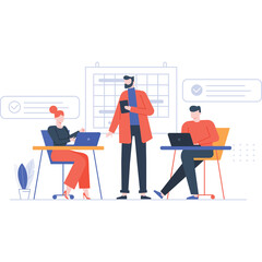 Diverse Team Collaborating at Desks with Laptops in Modern Office Setting Featuring a Calendar and Checklist Interface Overlooking a Transparent Background