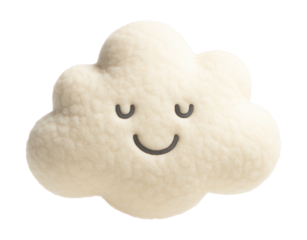 A cloud-shaped plush pillow with a smile, perfect for comfort on a balcony chair.